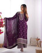 Wine Pure Chinon Silk Fabric With Beautiful Embroidery Sequence And Jari Work Plazzo Set