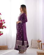 Wine Pure Chinon Silk Fabric With Beautiful Embroidery Sequence And Jari Work Plazzo Set