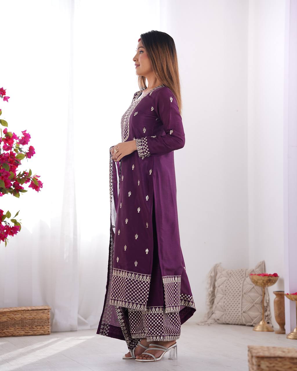 Wine Pure Chinon Silk Fabric With Beautiful Embroidery Sequence And Jari Work Plazzo Set