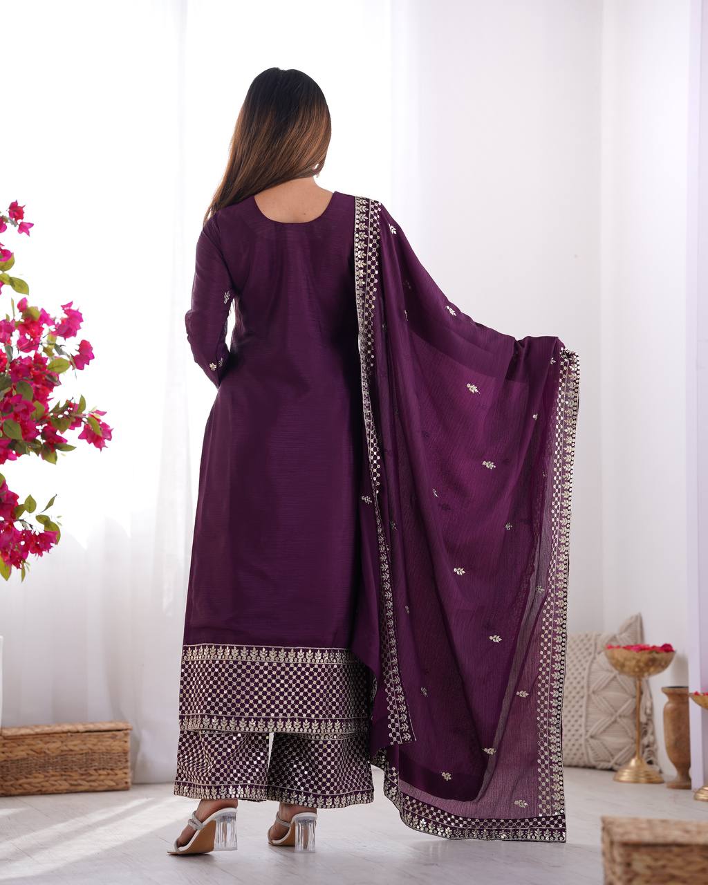 Wine Pure Chinon Silk Fabric With Beautiful Embroidery Sequence And Jari Work Plazzo Set