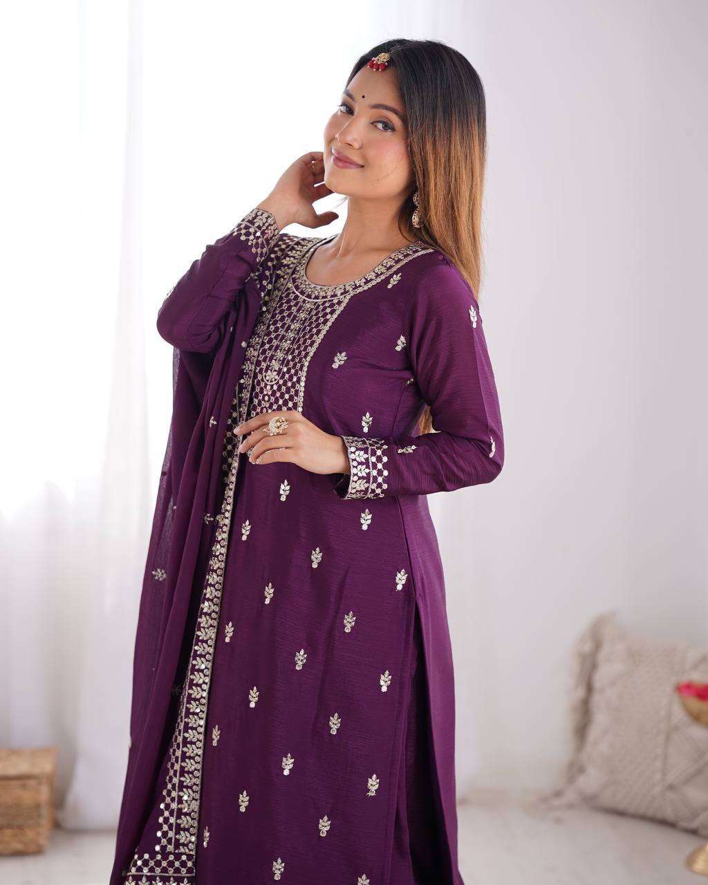 Wine Pure Chinon Silk Fabric With Beautiful Embroidery Sequence And Jari Work Plazzo Set