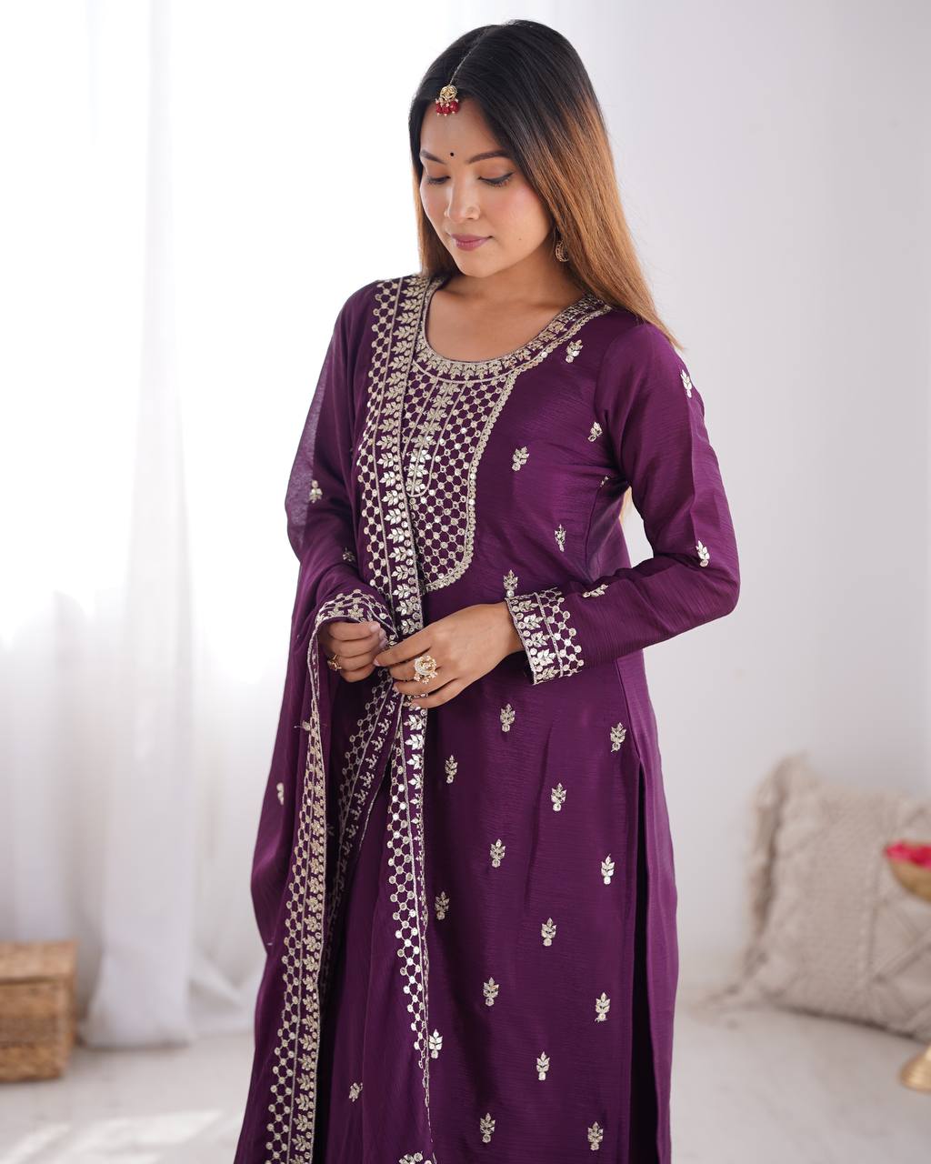 Wine Pure Chinon Silk Fabric With Beautiful Embroidery Sequence And Jari Work Plazzo Set