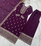 Wine Pure Chinon Silk Fabric With Beautiful Embroidery Sequence And Jari Work Plazzo Set