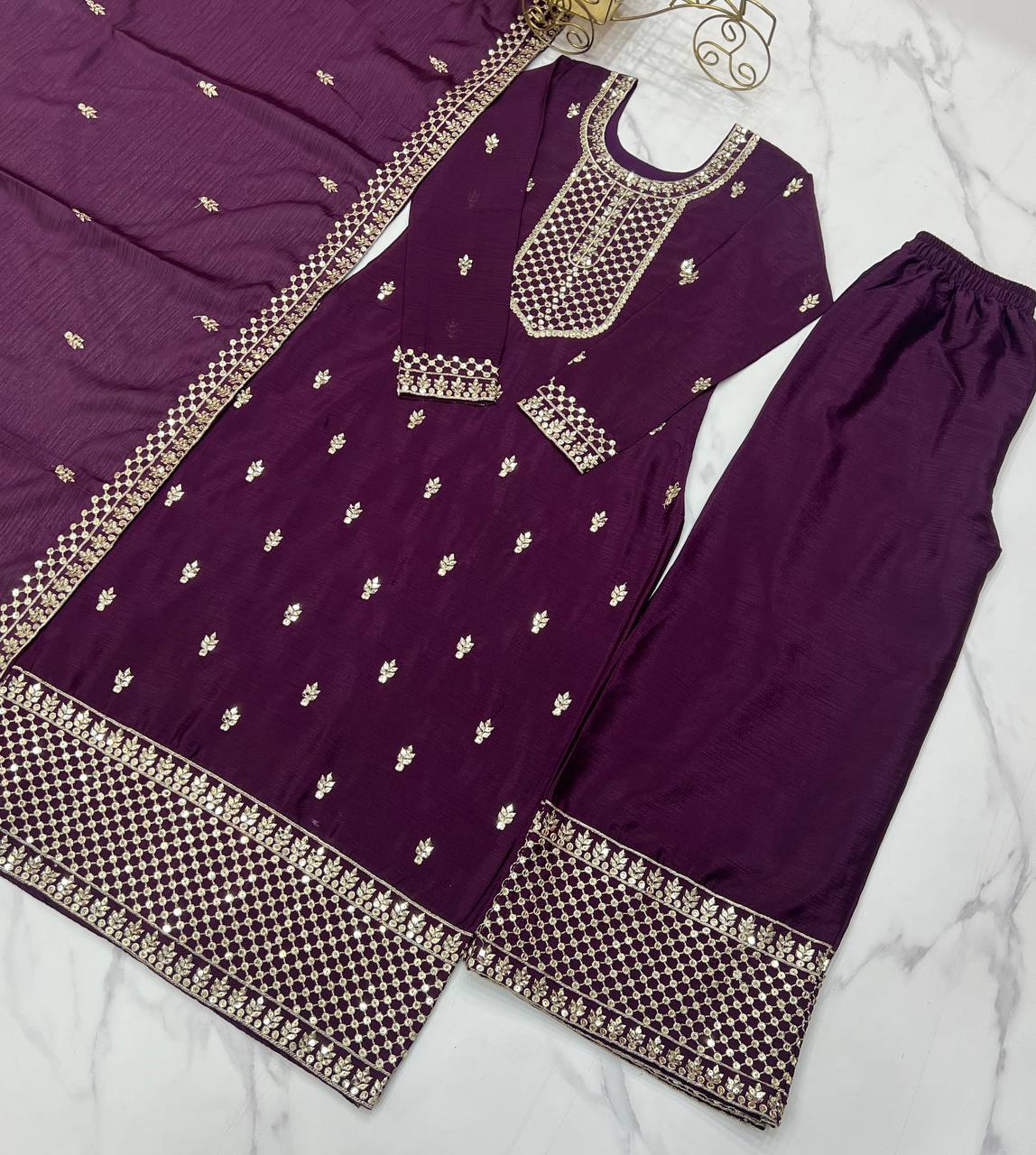 Wine Pure Chinon Silk Fabric With Beautiful Embroidery Sequence And Jari Work Plazzo Set