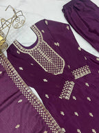 Wine Pure Chinon Silk Fabric With Beautiful Embroidery Sequence And Jari Work Plazzo Set
