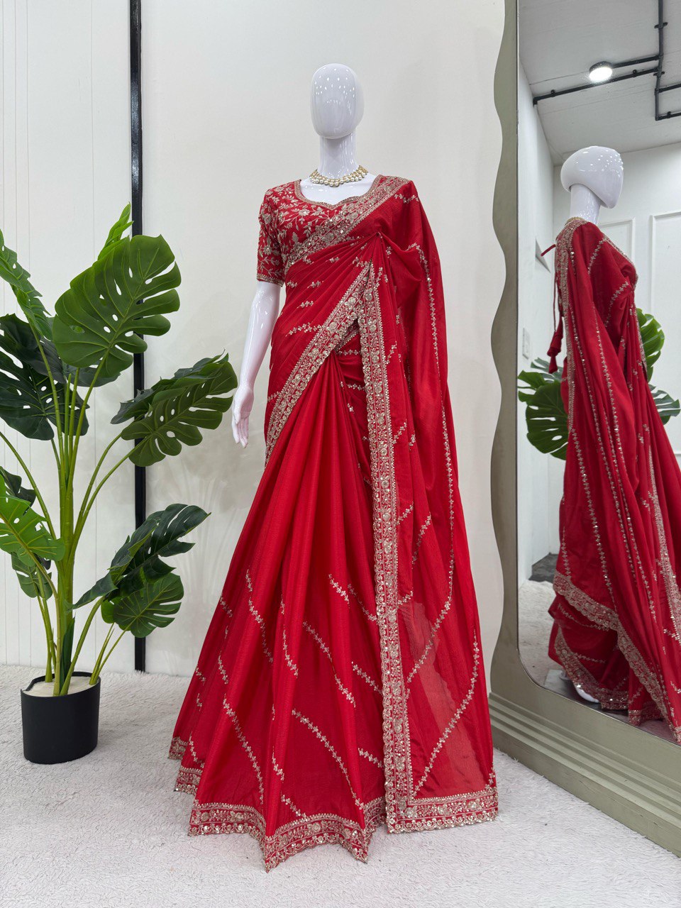 Blue Beautiful Designer Saree on Chinon Silk  Fabric with Thread & Sequence Work
