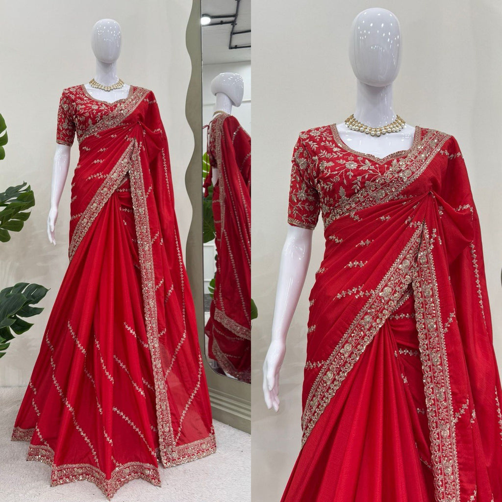 Blue Beautiful Designer Saree on Chinon Silk  Fabric with Thread & Sequence Work
