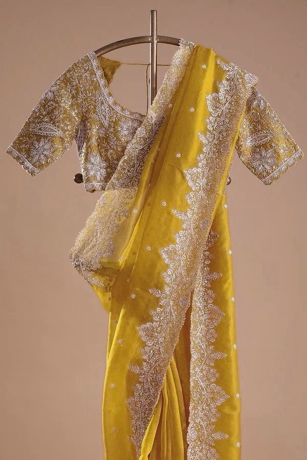 Yellow Beautiful Designer Saree on Heavy Tabby Silk Fabric with Thread & Sequence work