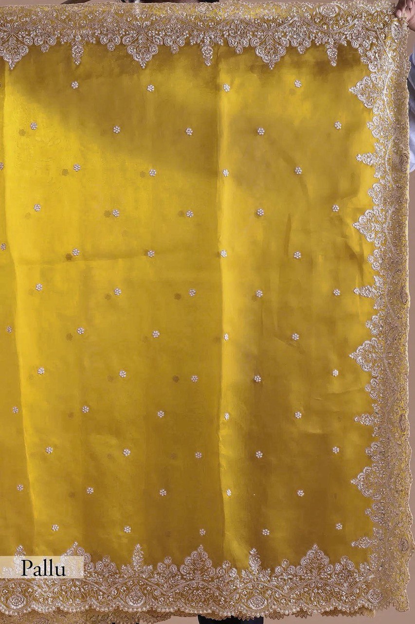 Yellow Beautiful Designer Saree on Heavy Tabby Silk Fabric with Thread & Sequence work