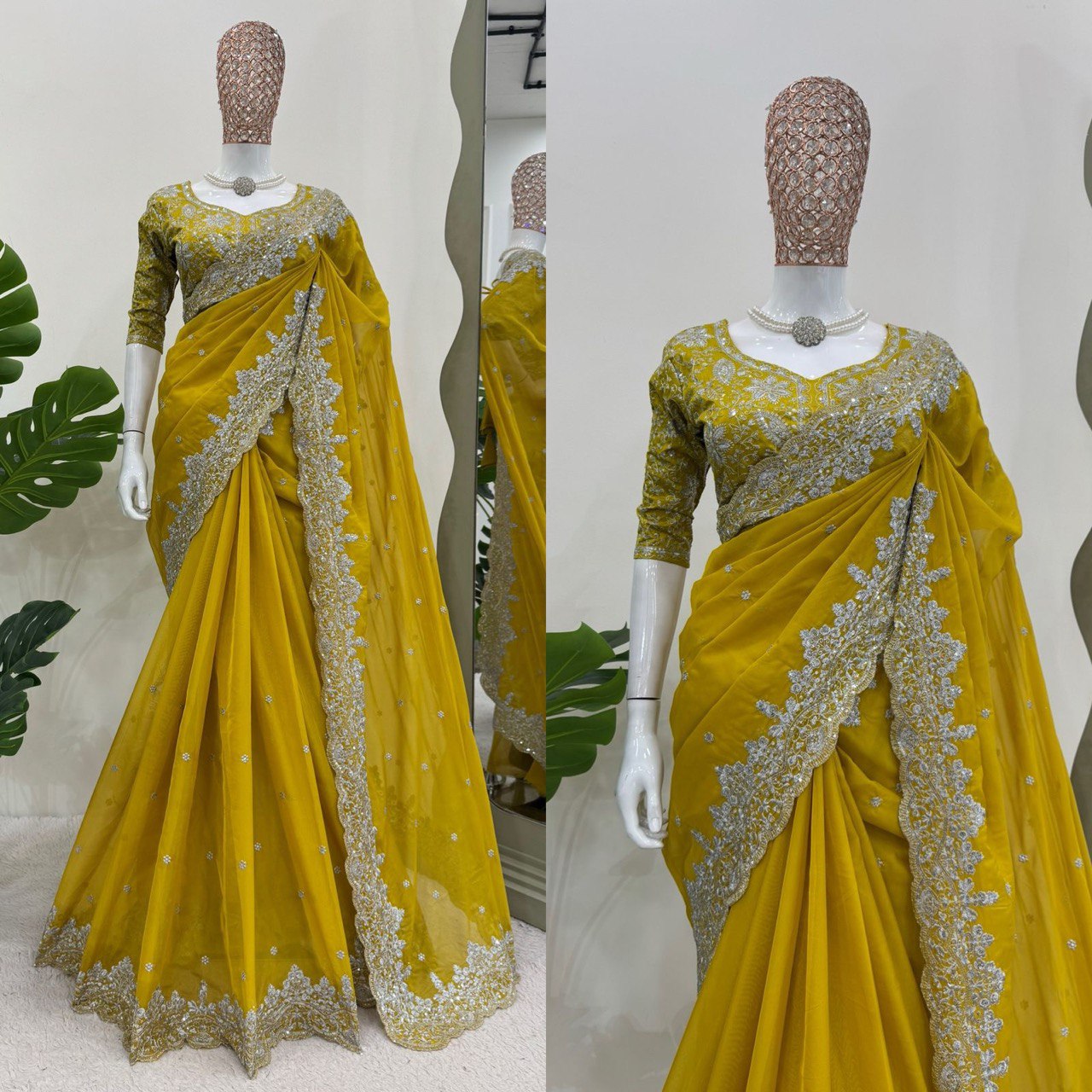 Yellow Beautiful Designer Saree on Heavy Tabby Silk Fabric with Thread & Sequence work