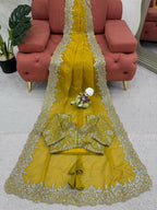 Yellow Beautiful Designer Saree on Heavy Tabby Silk Fabric with Thread & Sequence work