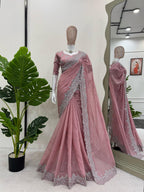 Pink Beautiful Designer Saree on Heavy Tabby Silk Fabric with Thread & Sequence work