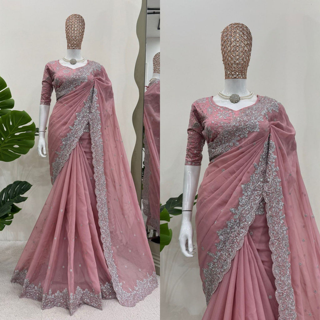 Pink Beautiful Designer Saree on Heavy Tabby Silk Fabric with Thread & Sequence work