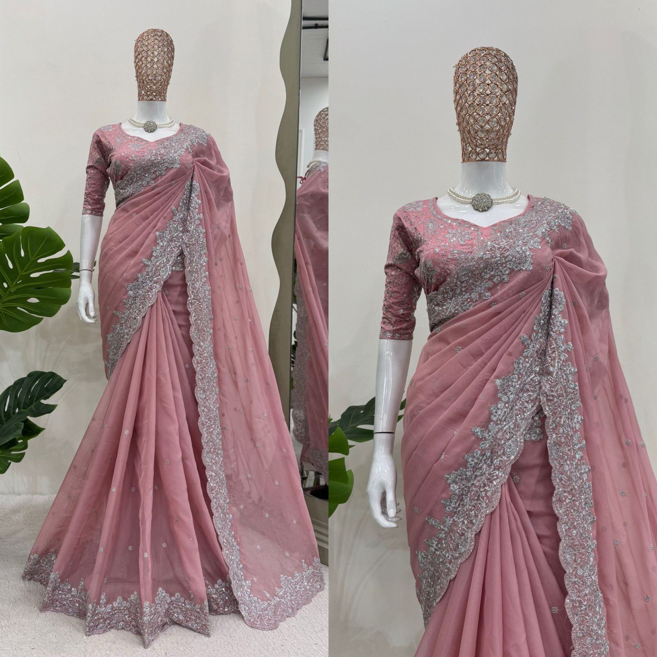 Pink Beautiful Designer Saree on Heavy Tabby Silk Fabric with Thread & Sequence work