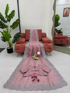 Pink Beautiful Designer Saree on Heavy Tabby Silk Fabric with Thread & Sequence work