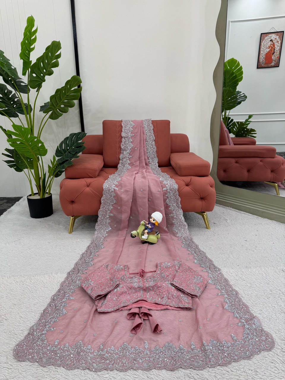 Pink Beautiful Designer Saree on Heavy Tabby Silk Fabric with Thread & Sequence work