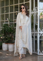 Beautiful White Viscose Chanderi Fabric Kurtis Pant Set