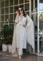 Beautiful White Viscose Chanderi Fabric Kurtis Pant Set