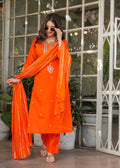 Beautiful Orange Viscose Chanderi Fabric Kurtis Pant Set