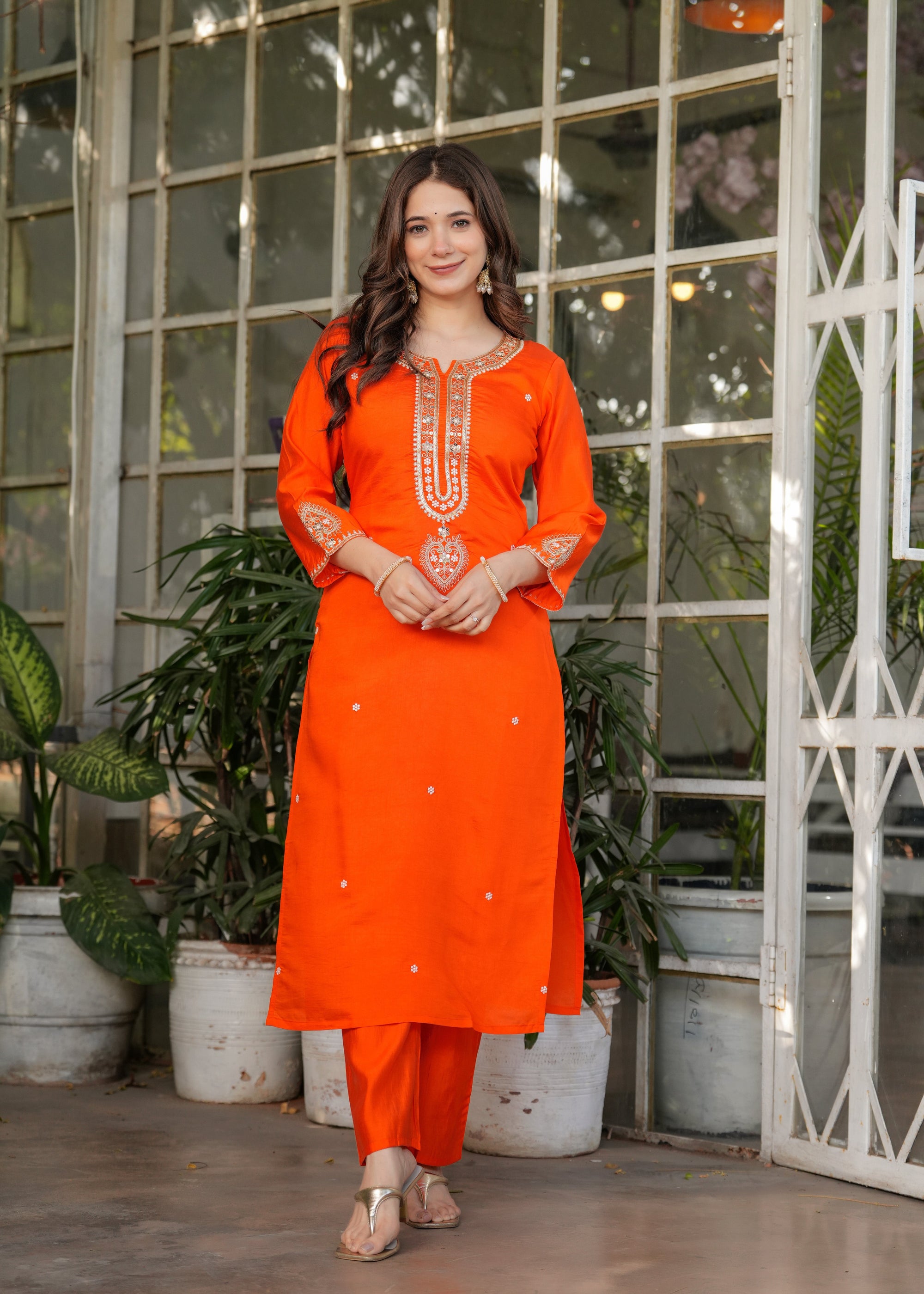 Beautiful Orange Viscose Chanderi Fabric Kurtis Pant Set