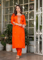 Beautiful Orange Viscose Chanderi Fabric Kurtis Pant Set