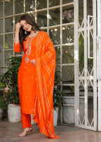 Beautiful Orange Viscose Chanderi Fabric Kurtis Pant Set