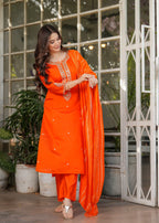 Beautiful Orange Viscose Chanderi Fabric Kurtis Pant Set
