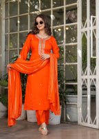 Beautiful Orange Viscose Chanderi Fabric Kurtis Pant Set