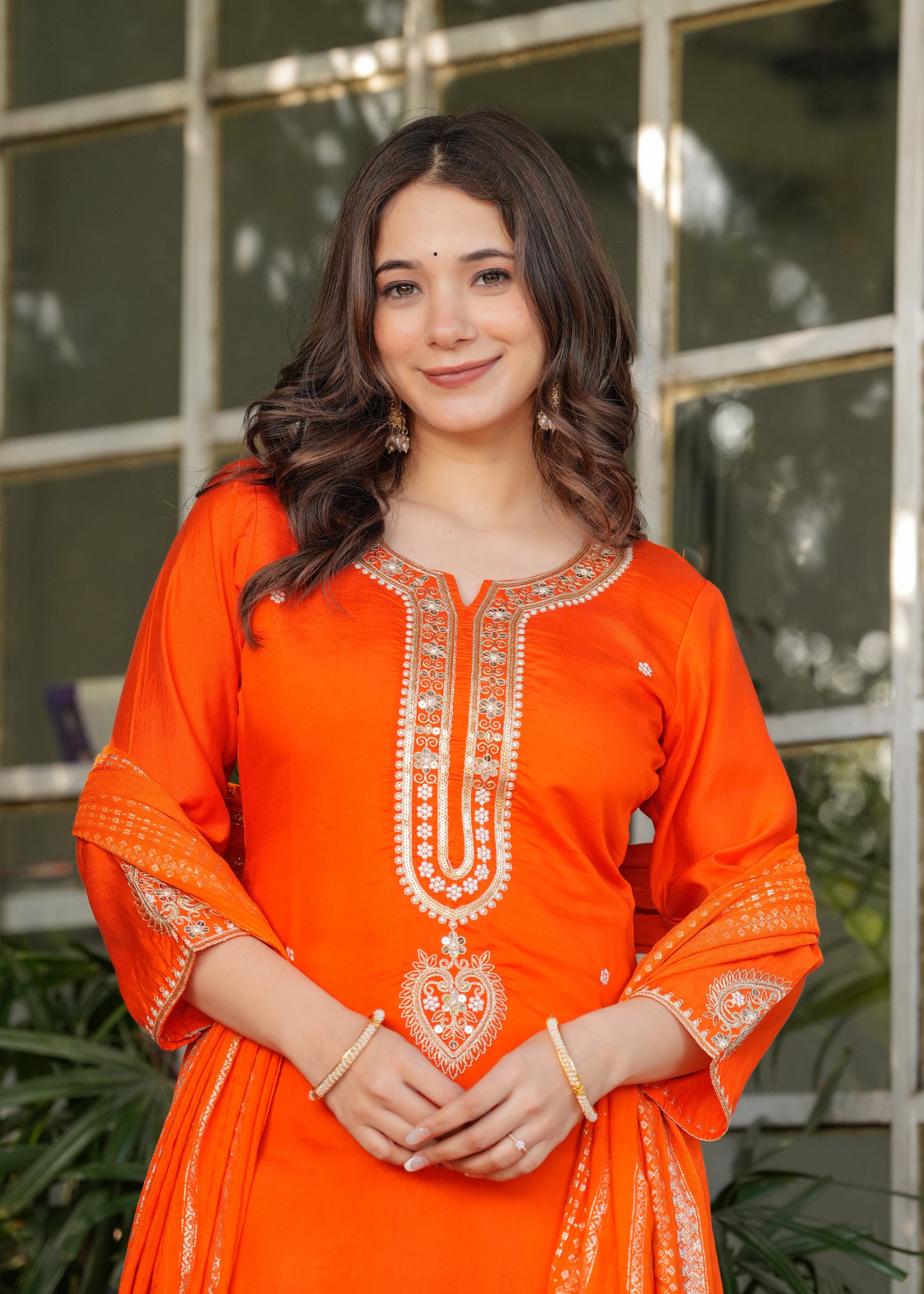 Beautiful Orange Viscose Chanderi Fabric Kurtis Pant Set