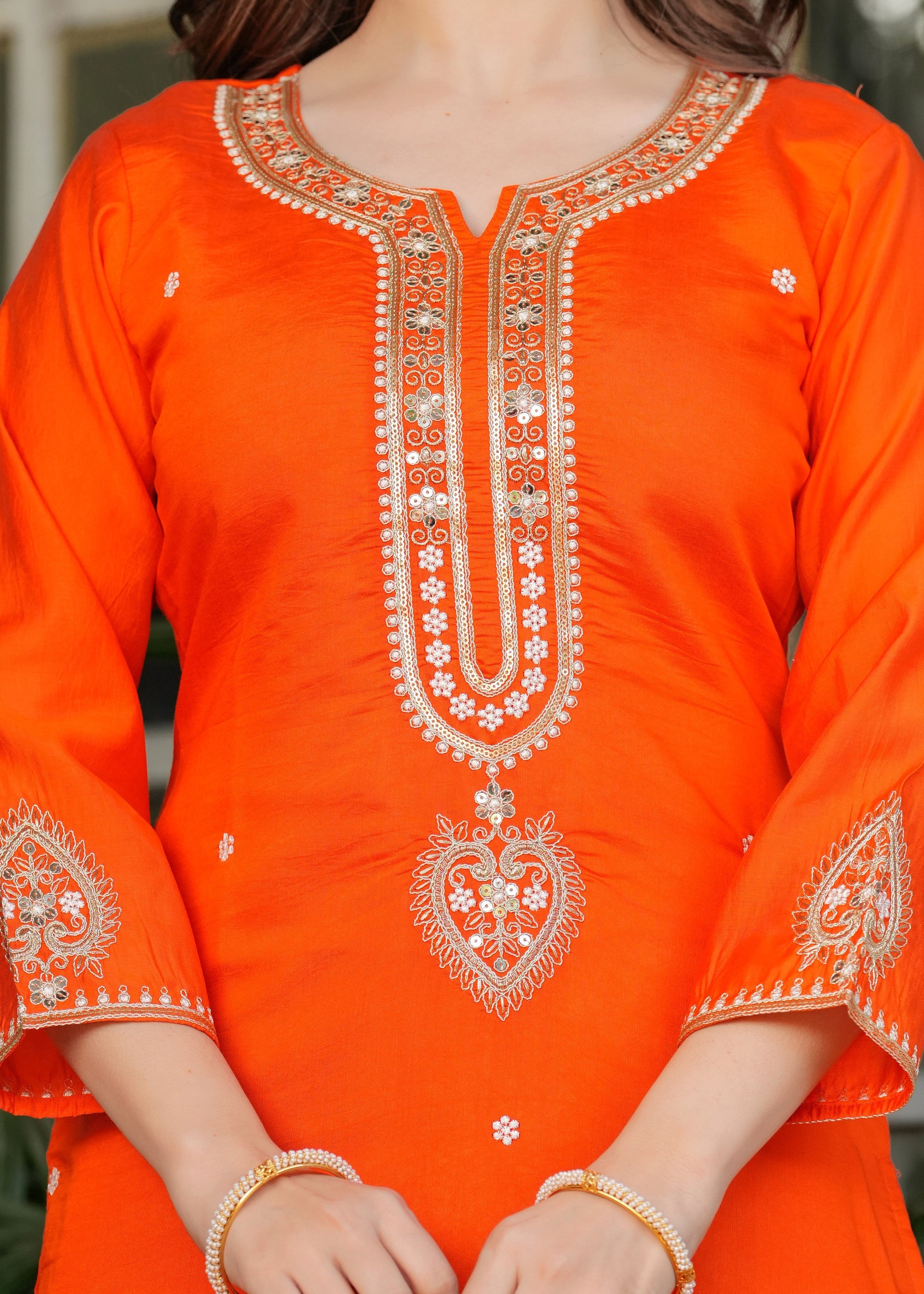 Beautiful Orange Viscose Chanderi Fabric Kurtis Pant Set