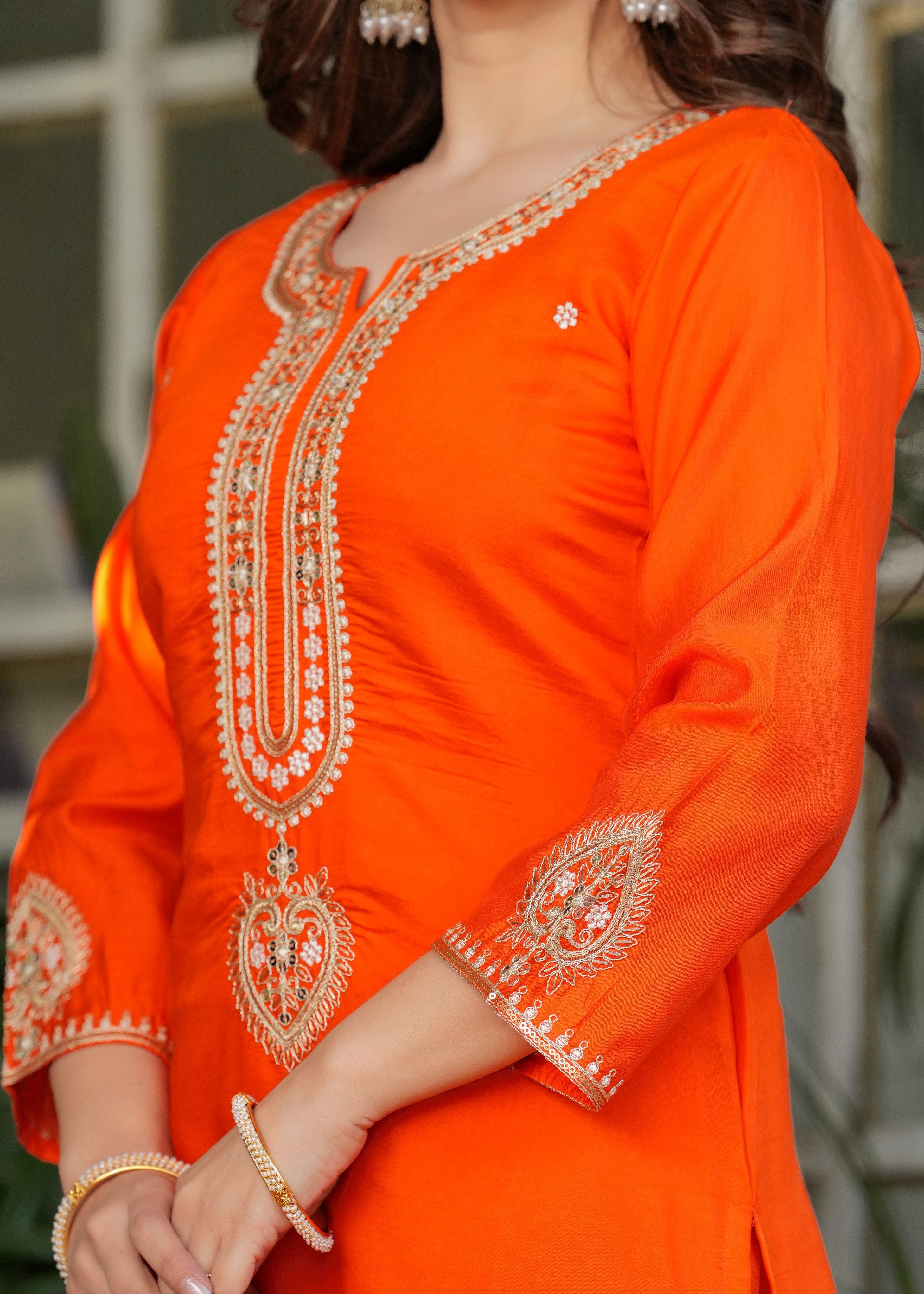 Beautiful Orange Viscose Chanderi Fabric Kurtis Pant Set