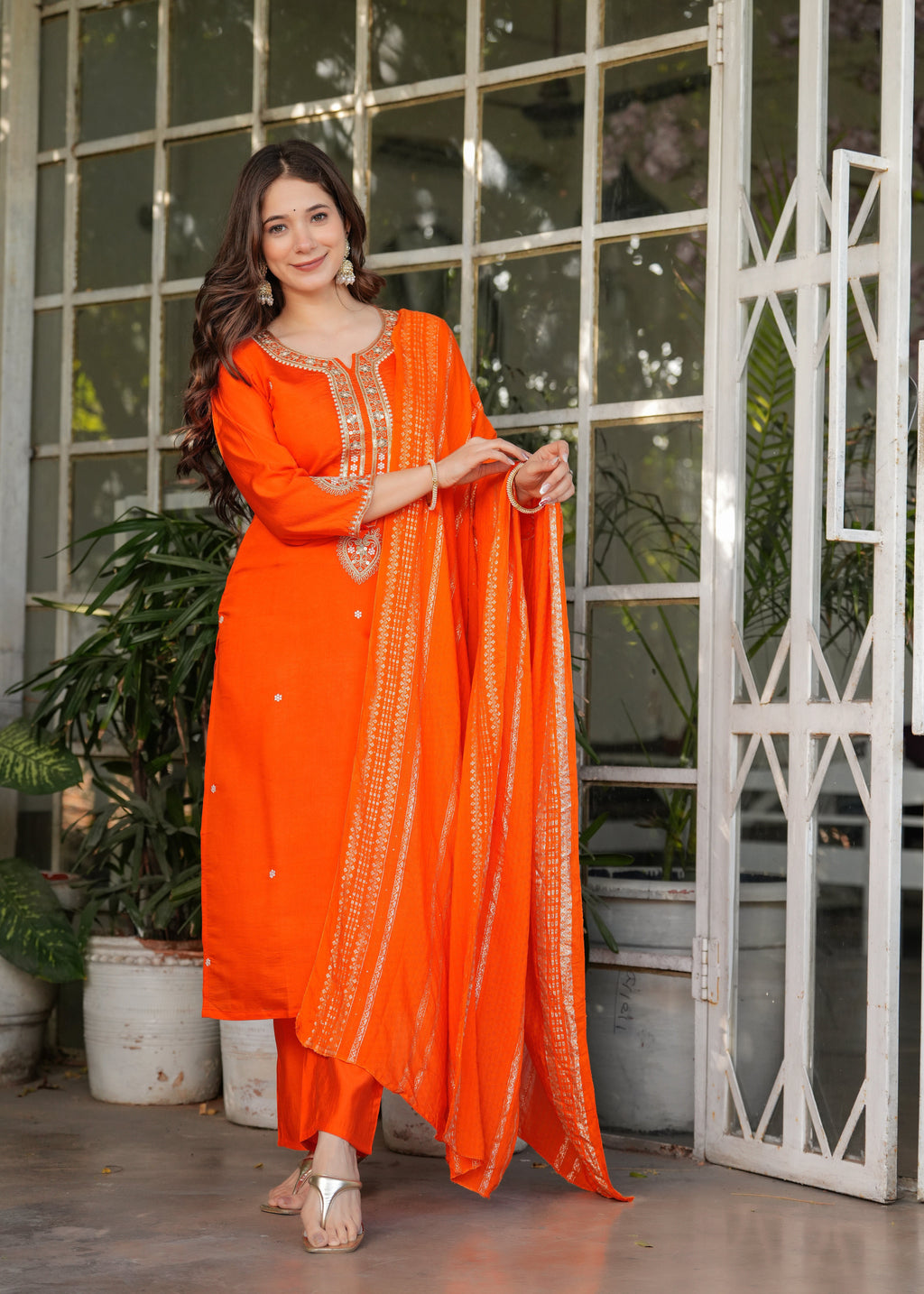 Beautiful Orange Viscose Chanderi Fabric Kurtis Pant Set