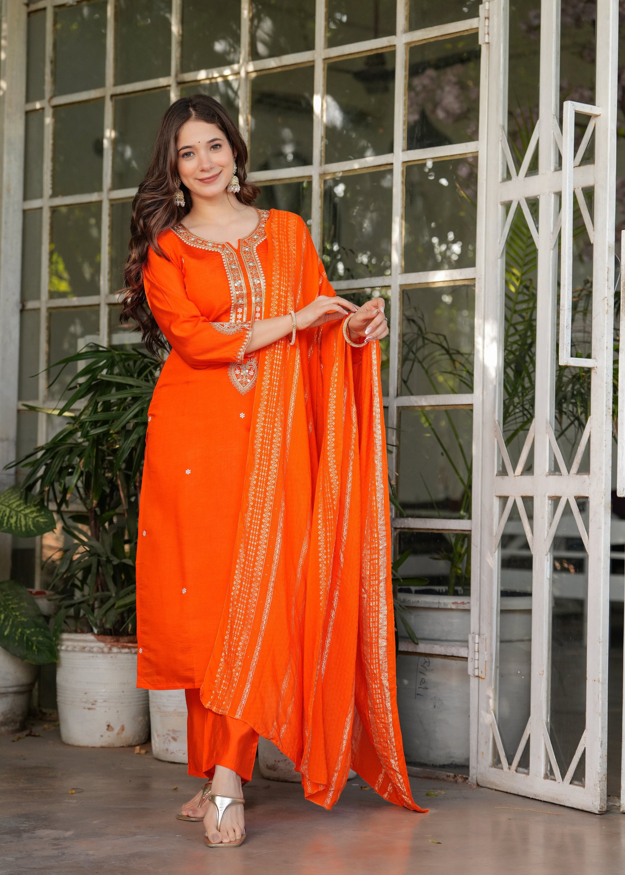 Beautiful Orange Viscose Chanderi Fabric Kurtis Pant Set