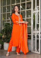 Beautiful Orange Viscose Chanderi Fabric Kurtis Pant Set