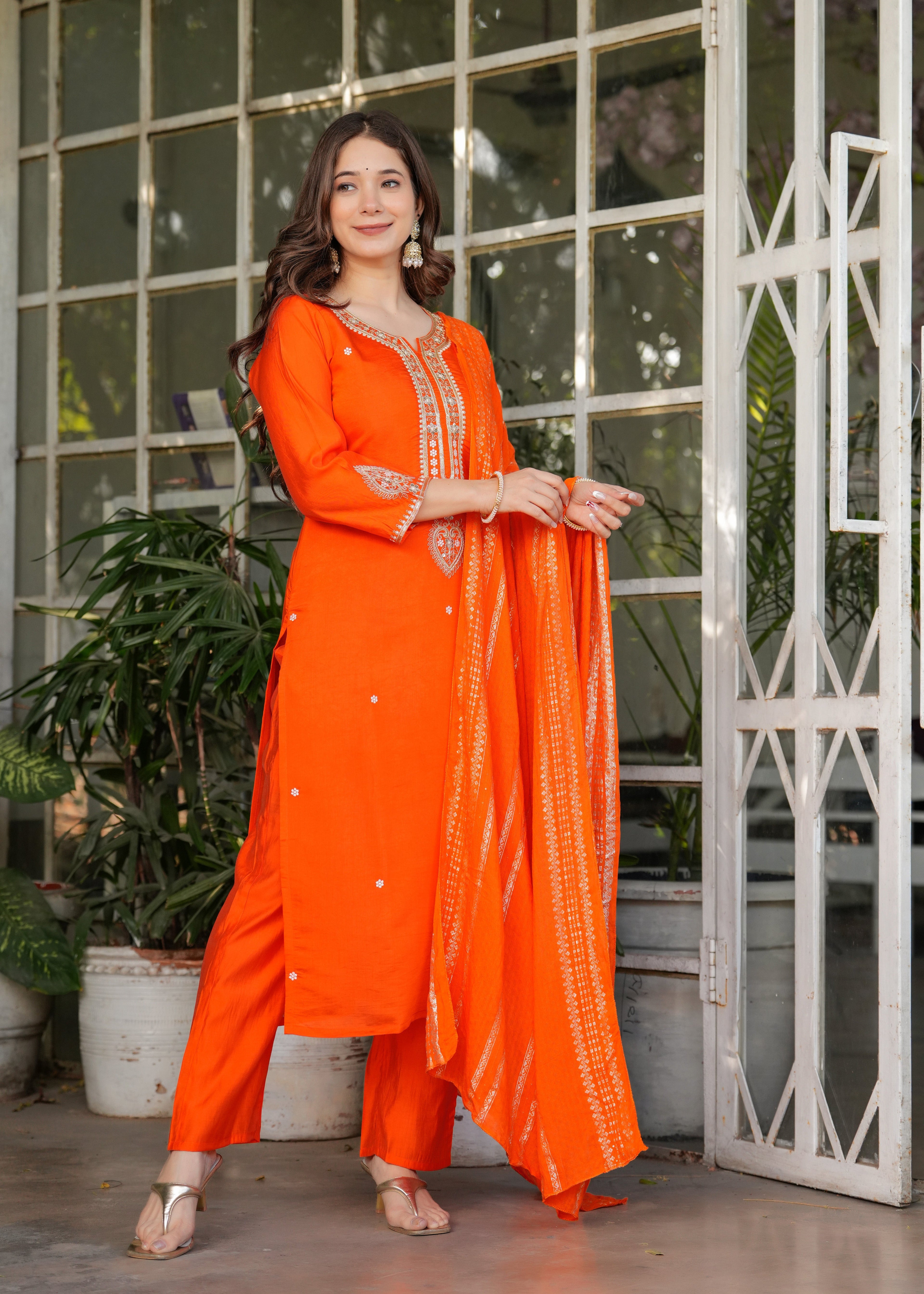 Beautiful Orange Viscose Chanderi Fabric Kurtis Pant Set