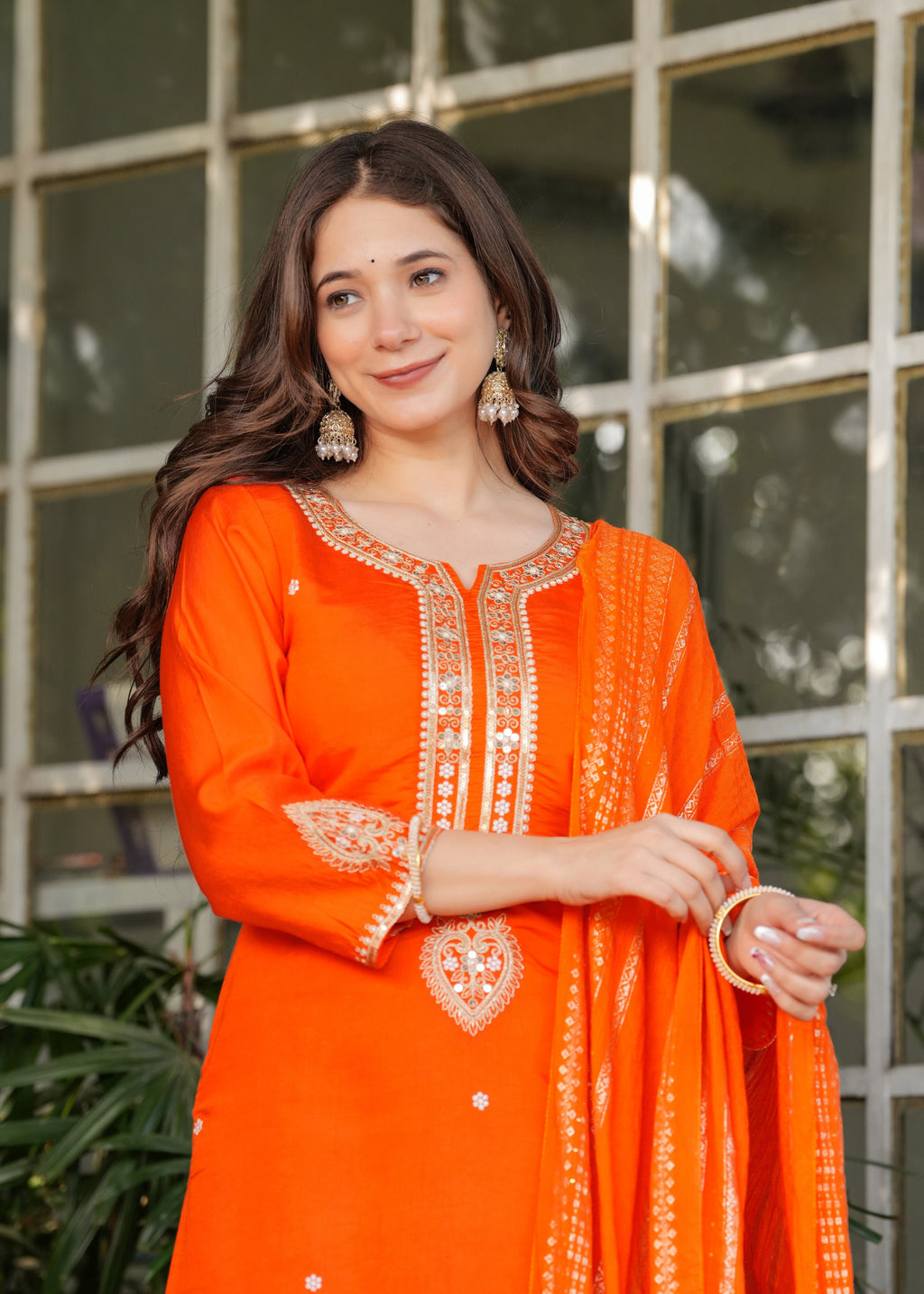 Beautiful Orange Viscose Chanderi Fabric Kurtis Pant Set
