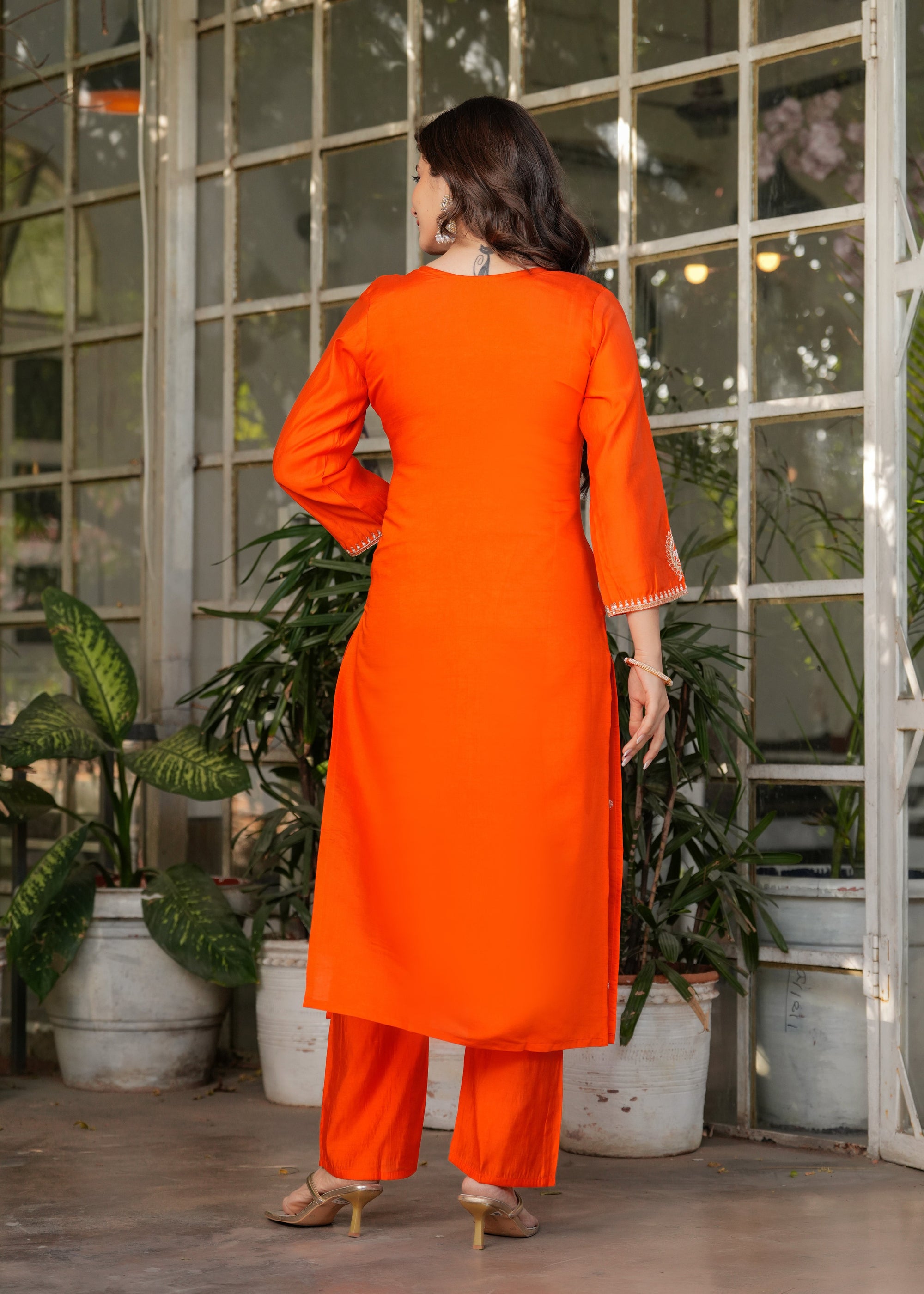 Beautiful Orange Viscose Chanderi Fabric Kurtis Pant Set
