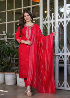 Beautiful Red Viscose Chanderi Fabric Kurtis Pant Set