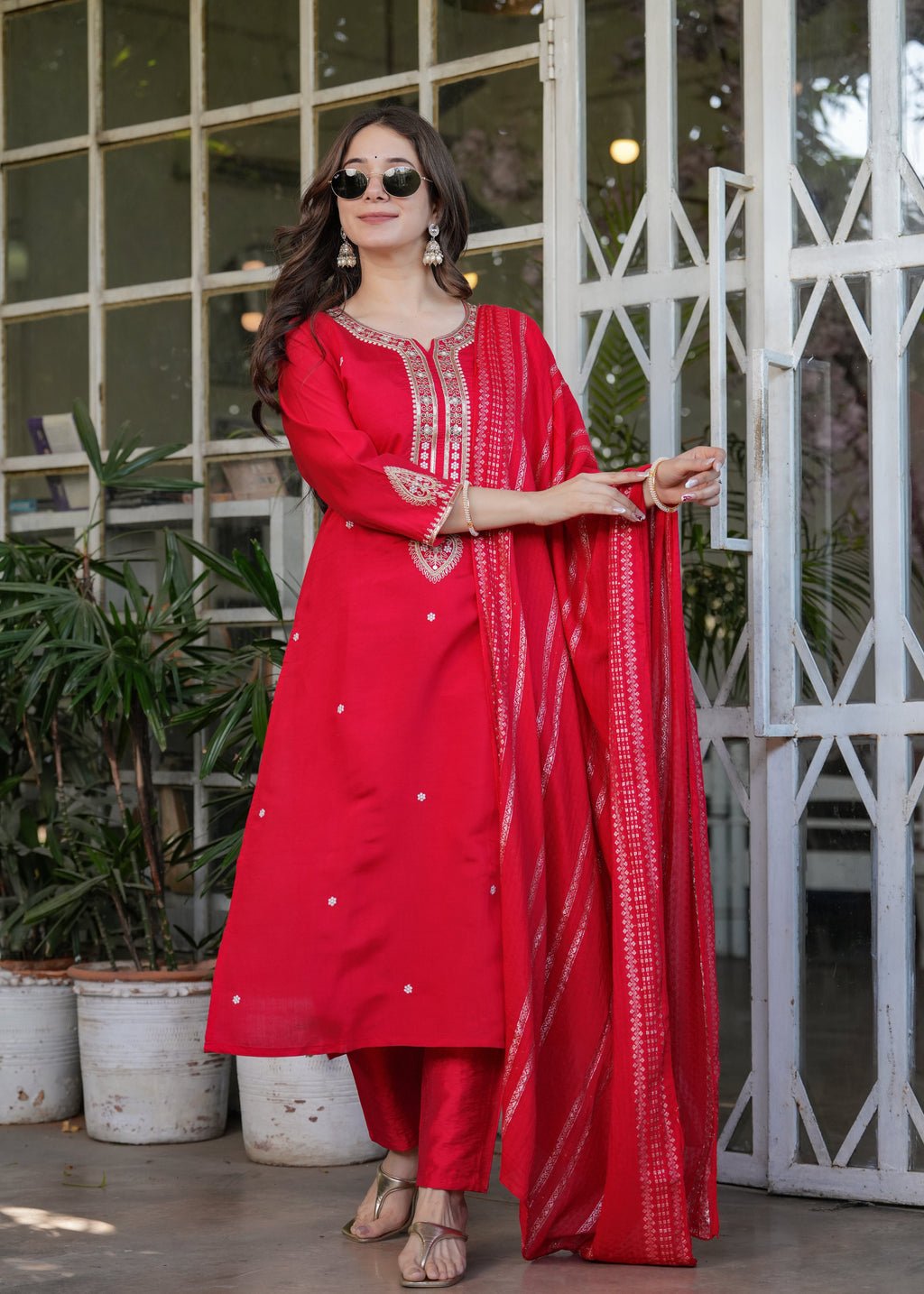 Beautiful Red Viscose Chanderi Fabric Kurtis Pant Set