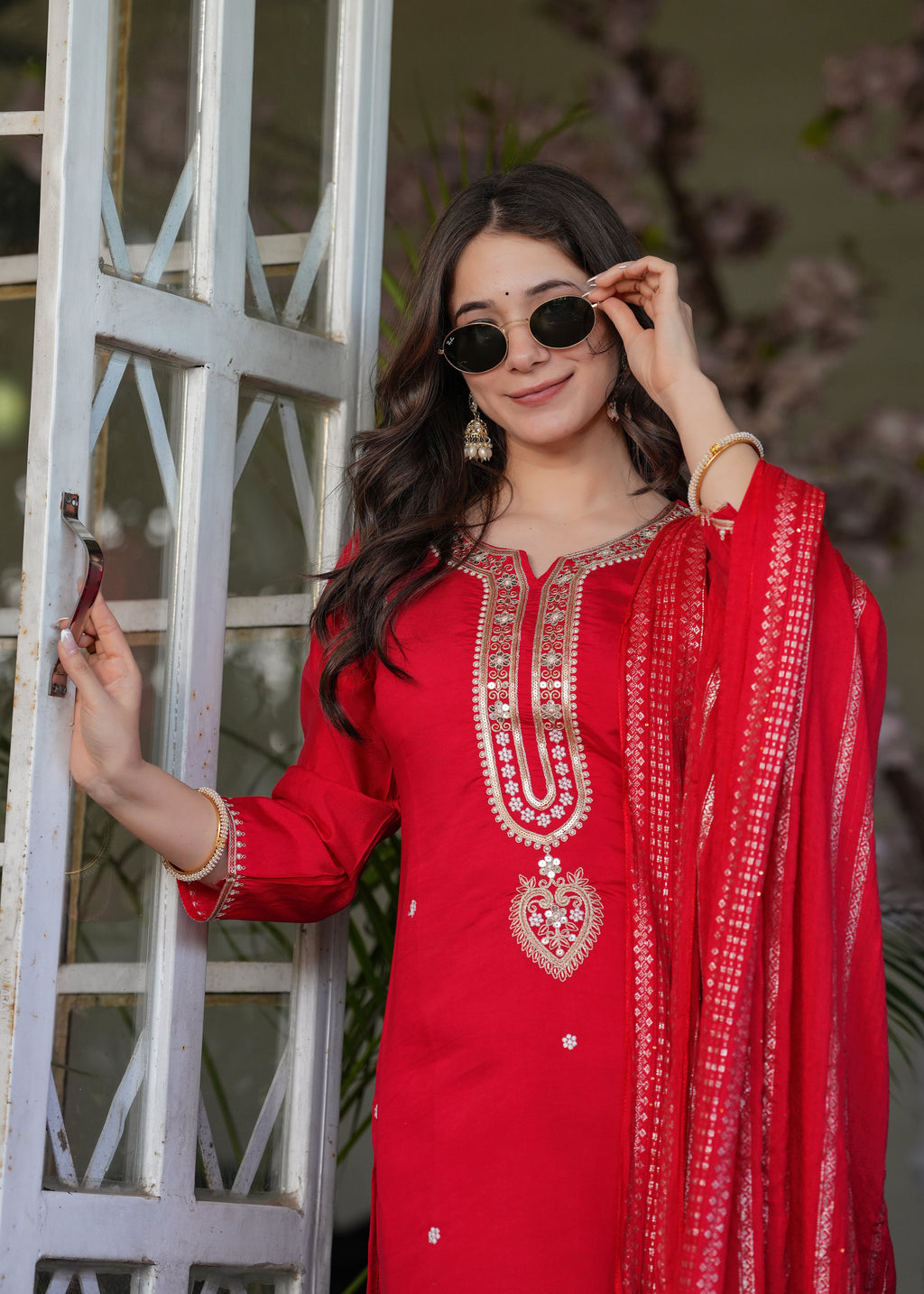 Beautiful Red Viscose Chanderi Fabric Kurtis Pant Set