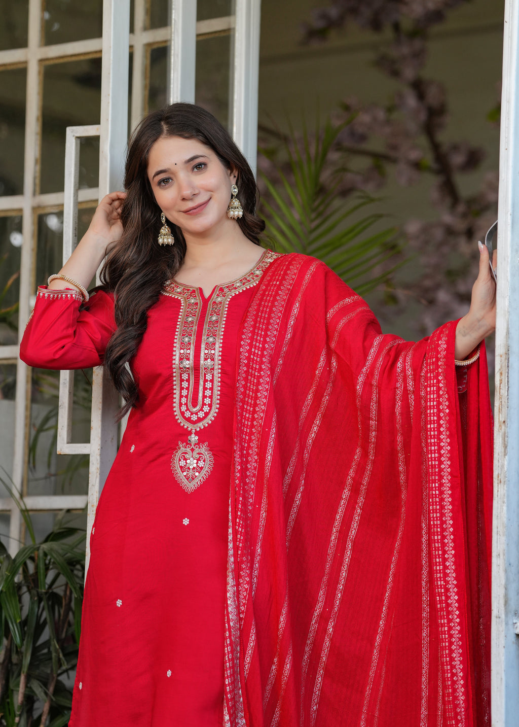 Beautiful Red Viscose Chanderi Fabric Kurtis Pant Set