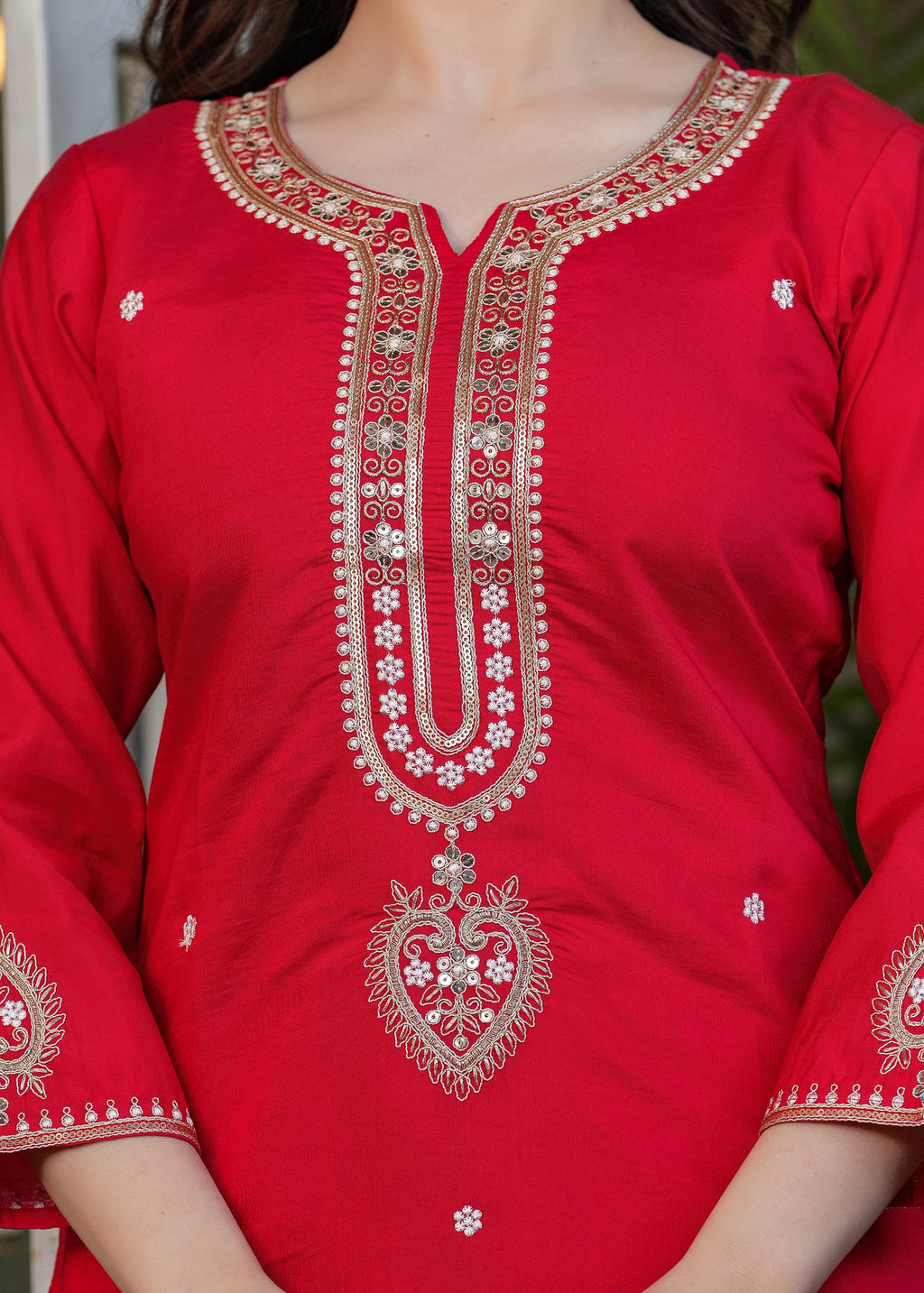 Beautiful Red Viscose Chanderi Fabric Kurtis Pant Set