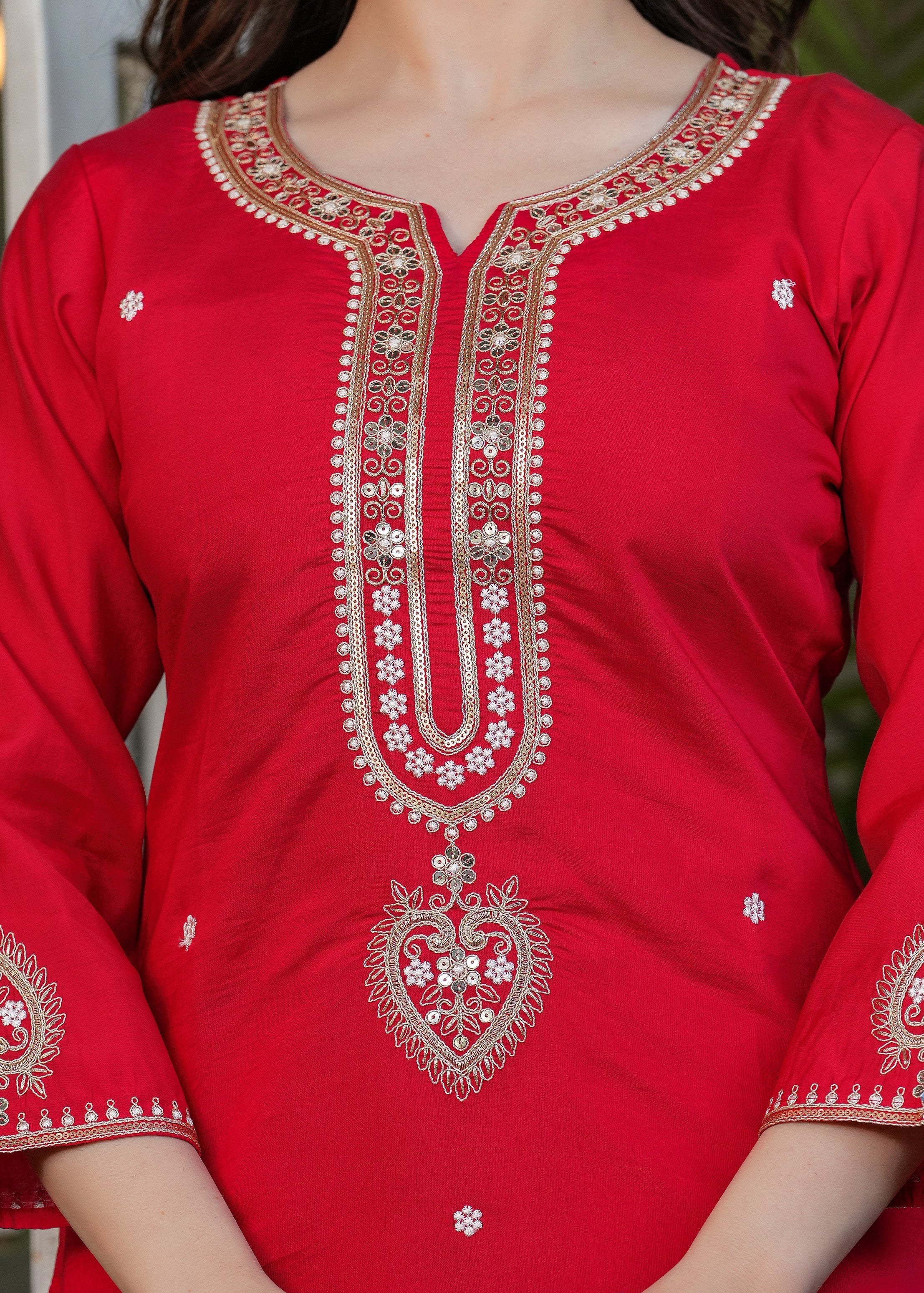 Beautiful Red Viscose Chanderi Fabric Kurtis Pant Set