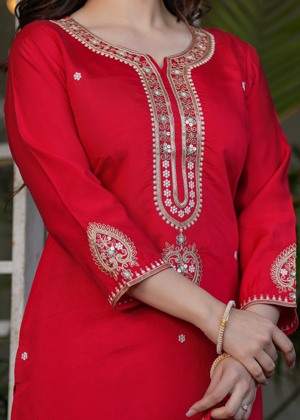 Beautiful Red Viscose Chanderi Fabric Kurtis Pant Set