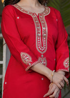 Beautiful Red Viscose Chanderi Fabric Kurtis Pant Set