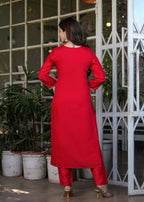 Beautiful Red Viscose Chanderi Fabric Kurtis Pant Set