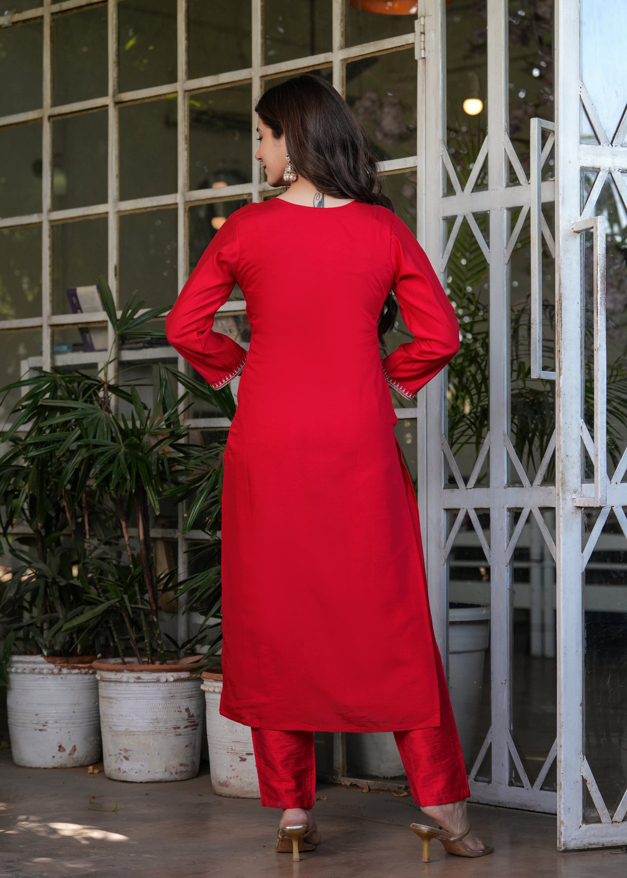 Beautiful Red Viscose Chanderi Fabric Kurtis Pant Set