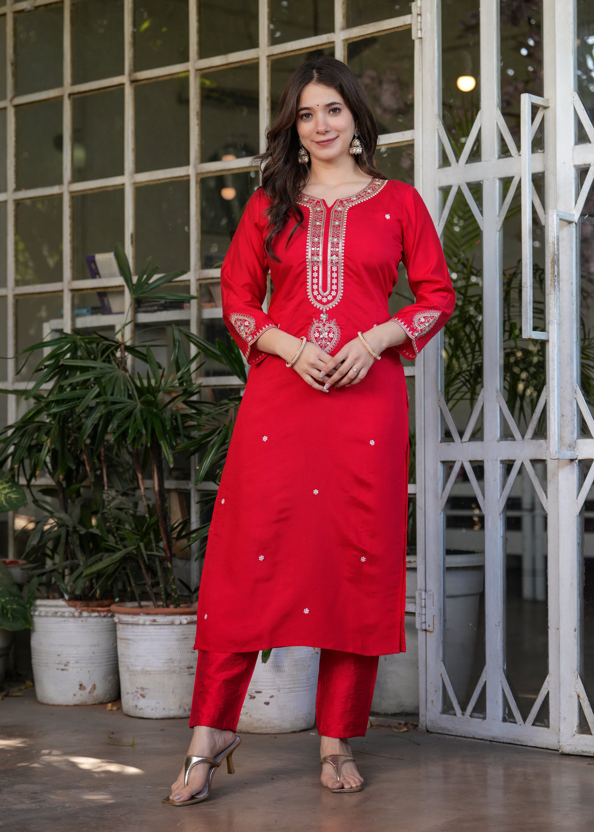 Beautiful Red Viscose Chanderi Fabric Kurtis Pant Set