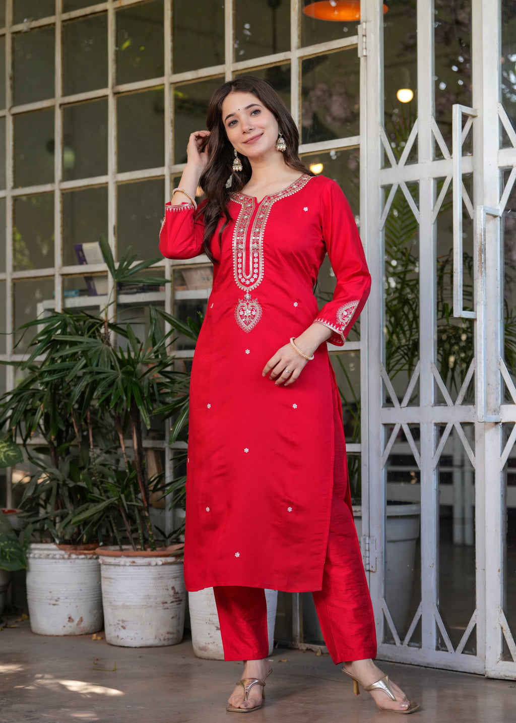 Beautiful Red Viscose Chanderi Fabric Kurtis Pant Set