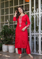 Beautiful Red Viscose Chanderi Fabric Kurtis Pant Set